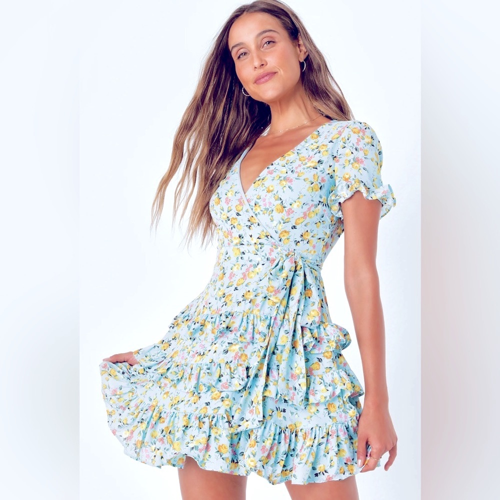 Lulu's Light Blue Floral Ruffled Wrap Mini Dress